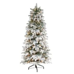 6 Ft. Flocked North Carolina Fir Artificial Christmas Tree With 450 Warm White Lights And 1560 Bendable Branches