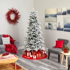 7 Ft. Pre-Lit Flocked North Carolina Fir Artificial Christmas Tree With 550 Warm White Lights -Holiday Glow Store nearly natural pre lit christmas trees t1873 fa 1000