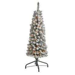4 Ft. Flocked Pencil Artificial Christmas Tree With 100 Clear Lights And 216 Bendable Branches