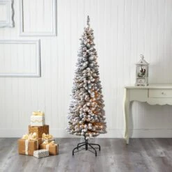 6 Ft. Pre-Lit Flocked Pencil Artificial Christmas Tree With 300 Clear Lights -Holiday Glow Store nearly natural pre lit christmas trees t1906 31 1000