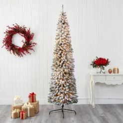 8 Ft. Flocked Pencil Artificial Christmas Tree With 500 Clear Lights And 646 Bendable Branches -Holiday Glow Store nearly natural pre lit christmas trees t1908 31 1000