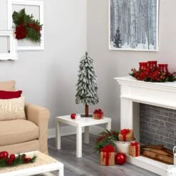 3 Ft. Flocked Grand Alpine Artificial Christmas Tree With 50 Clear Lights And 193 Bendable Branches On Natural Trunk -Holiday Glow Store nearly natural pre lit christmas trees t1950 fa 1000