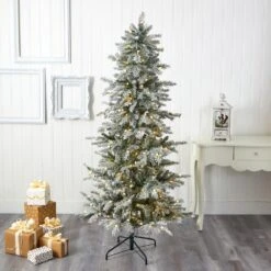6.5 Ft. Pre-Lit Slim Flocked Nova Scotia Spruce Artificial Christmas Tree With 300 Warm White LED Lights -Holiday Glow Store nearly natural pre lit christmas trees t1978 31 1000