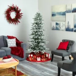 6.5 Ft. Pre-Lit Slim Flocked Nova Scotia Spruce Artificial Christmas Tree With 300 Warm White LED Lights -Holiday Glow Store nearly natural pre lit christmas trees t1978 fa 1000