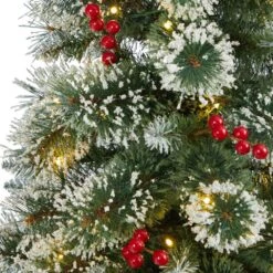4 Ft. Frosted Pre-Lit LED Swiss Pine Artificial Christmas Tree With 100 Clear Lights And Berries In Red Planter -Holiday Glow Store nearly natural pre lit christmas trees t2256 1f 1000