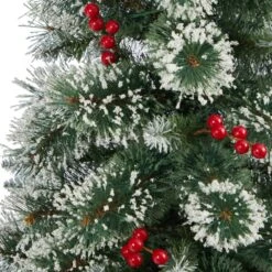 4 Ft. Frosted Pre-Lit LED Swiss Pine Artificial Christmas Tree With 100 Clear Lights And Berries In Red Planter -Holiday Glow Store nearly natural pre lit christmas trees t2256 44 1000