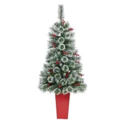 4 Ft. Frosted Pre-Lit LED Swiss Pine Artificial Christmas Tree With 100 Clear Lights And Berries In Red Planter -Holiday Glow Store nearly natural pre lit christmas trees t2256 4f 1000
