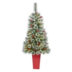 4 Ft. Frosted Pre-Lit LED Swiss Pine Artificial Christmas Tree With 100 Clear Lights And Berries In Red Planter