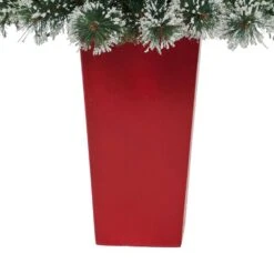 4 Ft. Frosted Pre-Lit LED Swiss Pine Artificial Christmas Tree With 100 Clear Lights And Berries In Red Planter -Holiday Glow Store nearly natural pre lit christmas trees t2256 fa 1000