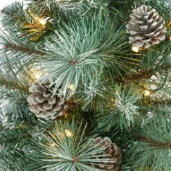 4 Ft. Frosted Pre-Lit Pine Artificial Christmas Tree With 100 Clear Lights, Pine Cones And 228 Bendable Branches Planter -Holiday Glow Store nearly natural pre lit christmas trees t2259 1f 1000