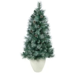 4 Ft. Frosted Pre-Lit Pine Artificial Christmas Tree With 100 Clear Lights, Pine Cones And 228 Bendable Branches Planter -Holiday Glow Store nearly natural pre lit christmas trees t2259 4f 1000