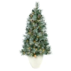 4 Ft. Frosted Pre-Lit Pine Artificial Christmas Tree With 100 Clear Lights, Pine Cones And 228 Bendable Branches Planter