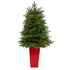 3.5 Ft. Yukon Mountain Fir Artificial Christmas Tree With 50 Clear Lights And Pine Cones In Red Planter -Holiday Glow Store nearly natural pre lit christmas trees t2290 4f 1000