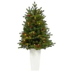 3.5 Ft. Yukon Mountain Fir Artificial Christmas Tree With 50 Clear Lights And Pine Cones In White Planter
