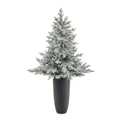 5 Ft. Flocked Fraser Fir Artificial Christmas Tree With 300 Warm White Lights And 967 Bendable Branches In Gray Planter -Holiday Glow Store nearly natural pre lit christmas trees t2318 4f 1000
