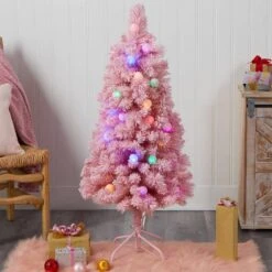 4 Ft. Holiday Frosted Pink Cashmere Artificial Christmas Tree With 30 Jumbo Multicolored Globe LED Lights -Holiday Glow Store nearly natural pre lit christmas trees t3030 31 1000