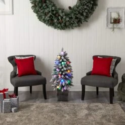 3 Ft. Flocked Highland Fir Artificial Christmas Tree With 127 Bendable Branches And 20 LED Globe Lights In Planter -Holiday Glow Store nearly natural pre lit christmas trees t3034 76 1000