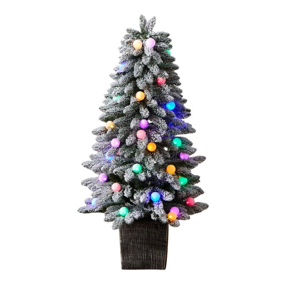 4 Ft. Winter Flocked Pre-Lit Artificial Christmas Tree With 40 LED Globe Lights, 259 Bendable Branches In Planter 3 4 Ft. Winter Flocked Pre-Lit Artificial Christmas Tree With 40 LED Globe Lights, 259 Bendable Branches In Planter