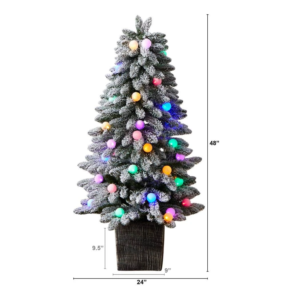 4 Ft. Winter Flocked Pre-Lit Artificial Christmas Tree With 40 LED Globe Lights, 259 Bendable Branches In Planter 4 4 Ft. Winter Flocked Pre-Lit Artificial Christmas Tree With 40 LED Globe Lights, 259 Bendable Branches In Planter - Image 2