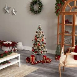 4 Ft. Winter Flocked Artificial Christmas Tree Pre-Lit With 50 LED Lights And Ornaments In Decorative Planter -Holiday Glow Store nearly natural pre lit christmas trees t3036 1d 1000