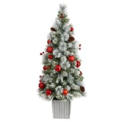 4 Ft. Winter Flocked Artificial Christmas Tree Pre-Lit With 50 LED Lights And Ornaments In Decorative Planter -Holiday Glow Store nearly natural pre lit christmas trees t3036 4f 1000