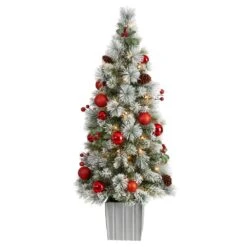 4 Ft. Winter Flocked Artificial Christmas Tree Pre-Lit With 50 LED Lights And Ornaments In Decorative Planter