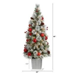 4 Ft. Winter Flocked Artificial Christmas Tree Pre-Lit With 50 LED Lights And Ornaments In Decorative Planter -Holiday Glow Store nearly natural pre lit christmas trees t3036 c3 1000