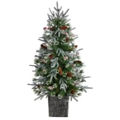 4 Ft. Frosted Artificial Christmas Tree Pre-Lit With 105 LED Lights And Berries In Decorative Planter -Holiday Glow Store nearly natural pre lit christmas trees t3037 4f 1000