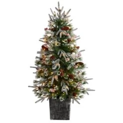 4 Ft. Frosted Artificial Christmas Tree Pre-Lit With 105 LED Lights And Berries In Decorative Planter
