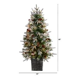 4 Ft. Frosted Artificial Christmas Tree Pre-Lit With 105 LED Lights And Berries In Decorative Planter -Holiday Glow Store nearly natural pre lit christmas trees t3037 c3 1000