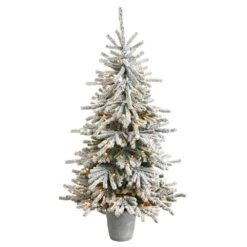 6 Ft. Flocked Long Vermont Pine Artificial Christmas Tree With 758 Bendable Branches And 250 LED Lights In Planter