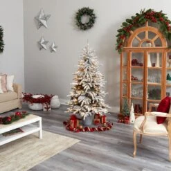 6 Ft. Flocked Long Vermont Pine Artificial Christmas Tree With 758 Bendable Branches And 250 LED Lights In Planter -Holiday Glow Store nearly natural pre lit christmas trees t3038 76 1000