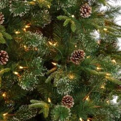 9 Ft. Snowed Tipped Clermont Mixed Pine Artificial Christmas Tree W/900 Clear Lights, Pine Cones And Bendable Branches -Holiday Glow Store nearly natural pre lit christmas trees t3044 1f 1000