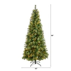 8 Ft. Pre-Lit Wisconsin Slim Snow Tip Pine Artificial Christmas Tree With 600 Clear LED Lights And 908 Bendable Branches -Holiday Glow Store nearly natural pre lit christmas trees t3050 c3 1000