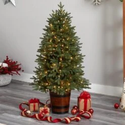 5 Ft. Pre-Lit LED Porch Artificial Christmas Tree With 200-Lights And 497 Bendable Branches In Decorative Planter -Holiday Glow Store nearly natural pre lit christmas trees t3282 31 1000