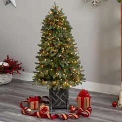 5 Ft. LED Fir Flocked Dusted Artificial Christmas Tree With 300-Lights, 514 Bendable Branches And Pinecones In Planter -Holiday Glow Store nearly natural pre lit christmas trees t3283 31 1000