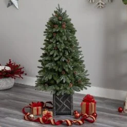 5 Ft. LED Fir Flocked Dusted Artificial Christmas Tree With 300-Lights, 514 Bendable Branches And Pinecones In Planter -Holiday Glow Store nearly natural pre lit christmas trees t3283 76 1000