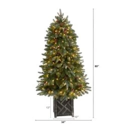 5 Ft. LED Fir Flocked Dusted Artificial Christmas Tree With 300-Lights, 514 Bendable Branches And Pinecones In Planter -Holiday Glow Store nearly natural pre lit christmas trees t3283 c3 1000