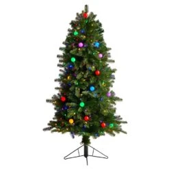 5 Ft. Montana Mountain Fir Artificial Christmas Tree With 300 Multi Color LED Lights, 30 Globe Bulbs & Bendable Branches