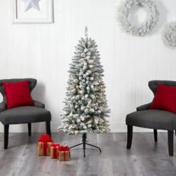 5 Ft. Pre-Lit LED Slim Flocked Montreal Fir Artificial Christmas Tree With 150 Warm White Lights -Holiday Glow Store nearly natural pre lit christmas trees t3309 76 1000