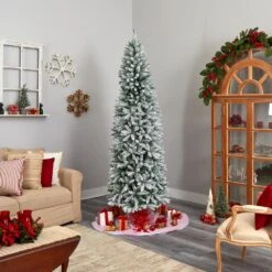 8 Ft. Pre-Lit LED Slim Flocked Montreal Fir Artificial Christmas Tree With 400 Warm White Lights -Holiday Glow Store nearly natural pre lit christmas trees t3312 31 1000