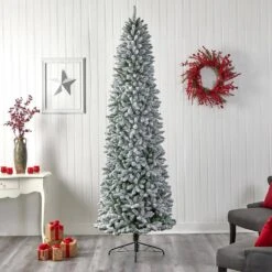9 Ft. Pre-Lit LED Slim Flocked Montreal Fir Artificial Christmas Tree With 600 Warm White Lights 16 9 Ft. Pre-Lit LED Slim Flocked Montreal Fir Artificial Christmas Tree With 600 Warm White Lights -Holiday Glow Store nearly natural pre lit christmas trees t3313 66 1000