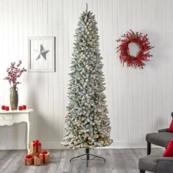 9 Ft. Pre-Lit LED Slim Flocked Montreal Fir Artificial Christmas Tree With 600 Warm White Lights 22 9 Ft. Pre-Lit LED Slim Flocked Montreal Fir Artificial Christmas Tree With 600 Warm White Lights -Holiday Glow Store nearly natural pre lit christmas trees t3313 76 1000