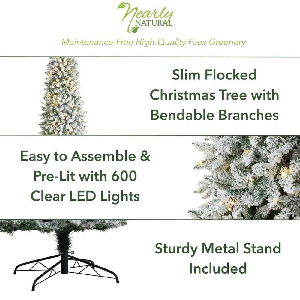 9 Ft. Pre-Lit LED Slim Flocked Montreal Fir Artificial Christmas Tree With 600 Warm White Lights 4 9 Ft. Pre-Lit LED Slim Flocked Montreal Fir Artificial Christmas Tree With 600 Warm White Lights - Image 2