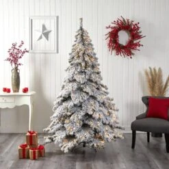 7 Ft. Pre-Lit Flocked Austria Fir Artificial Christmas Tree With 400 Warm White LED Lights And 1063 Bendable Branches -Holiday Glow Store nearly natural pre lit christmas trees t3315 76 1000