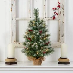 2 Ft. Snow Tipped Pine And Berry Artificial Christmas Tree With 35 Warm White LED Lights In Burlap Base -Holiday Glow Store nearly natural pre lit christmas trees t3326 31 1000