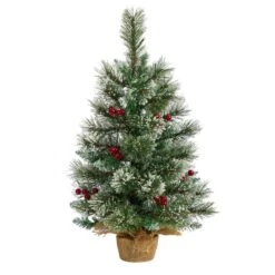 2 Ft. Snow Tipped Pine And Berry Artificial Christmas Tree With 35 Warm White LED Lights In Burlap Base -Holiday Glow Store nearly natural pre lit christmas trees t3326 4f 1000