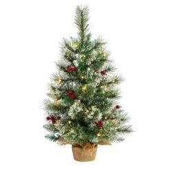 2 Ft. Snow Tipped Pine And Berry Artificial Christmas Tree With 35 Warm White LED Lights In Burlap Base
