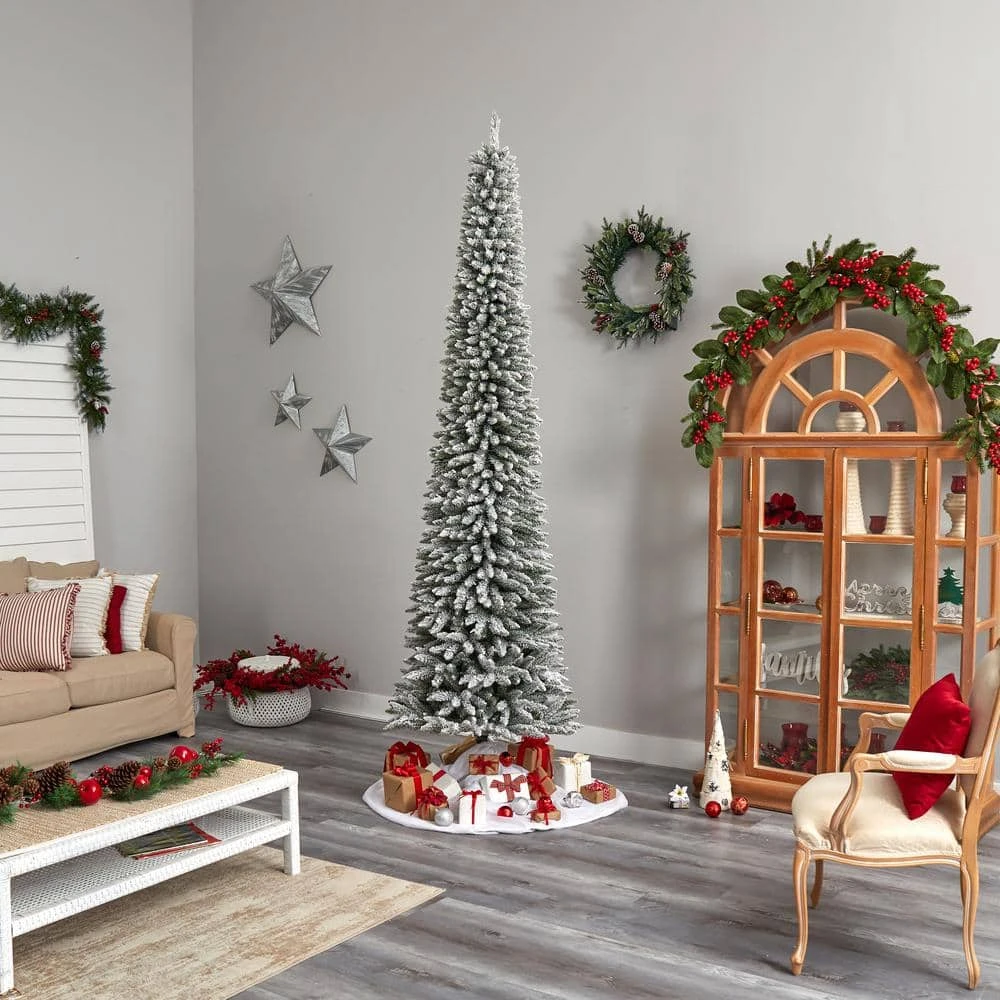 10 Ft. Pre-Lit LED Flocked Pencil Artificial Christmas Tree With 700 Clear Lights And 1145 Bendable Branches 5 10 Ft. Pre-Lit LED Flocked Pencil Artificial Christmas Tree With 700 Clear Lights And 1145 Bendable Branches - Image 3