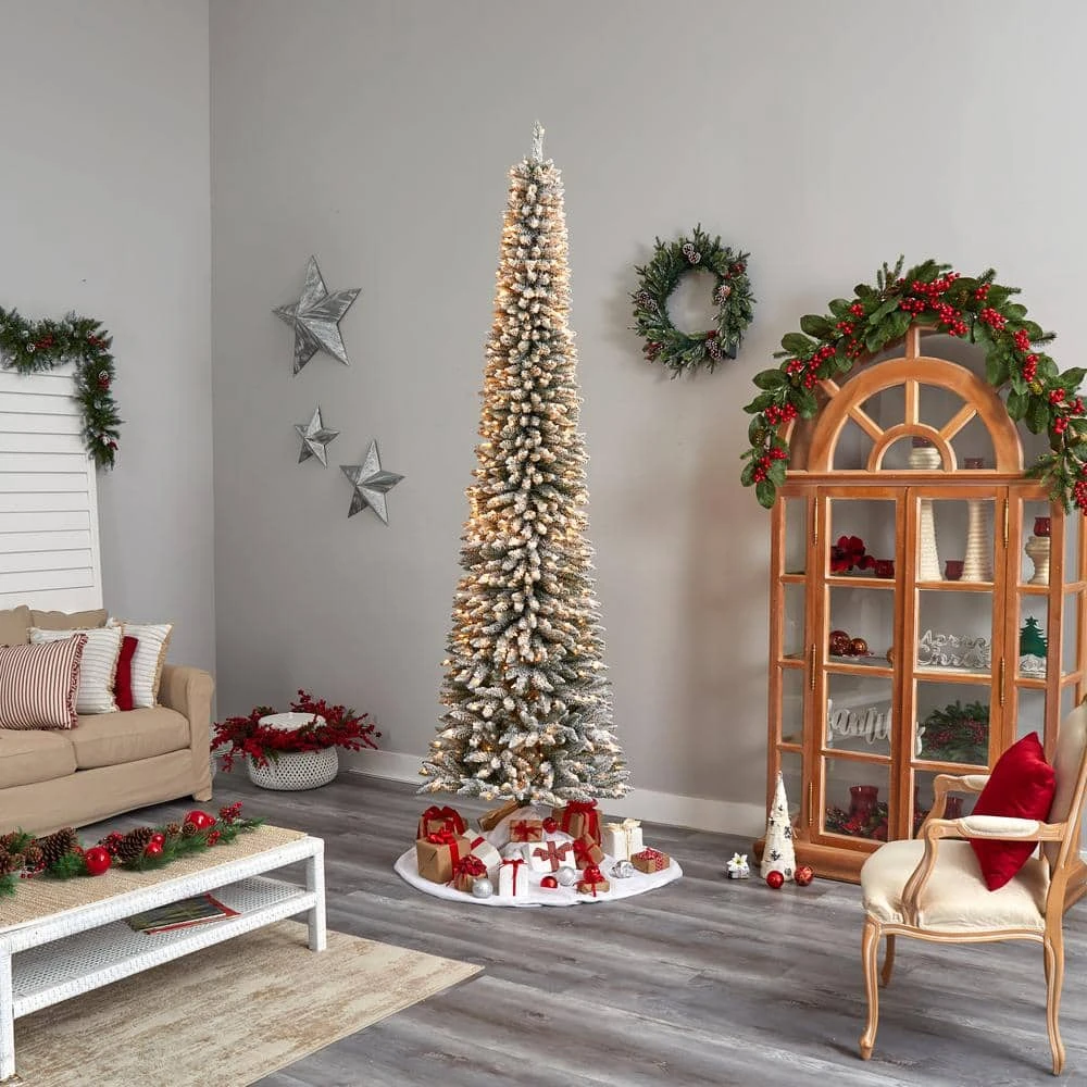 10 Ft. Pre-Lit LED Flocked Pencil Artificial Christmas Tree With 700 Clear Lights And 1145 Bendable Branches 4 10 Ft. Pre-Lit LED Flocked Pencil Artificial Christmas Tree With 700 Clear Lights And 1145 Bendable Branches - Image 2